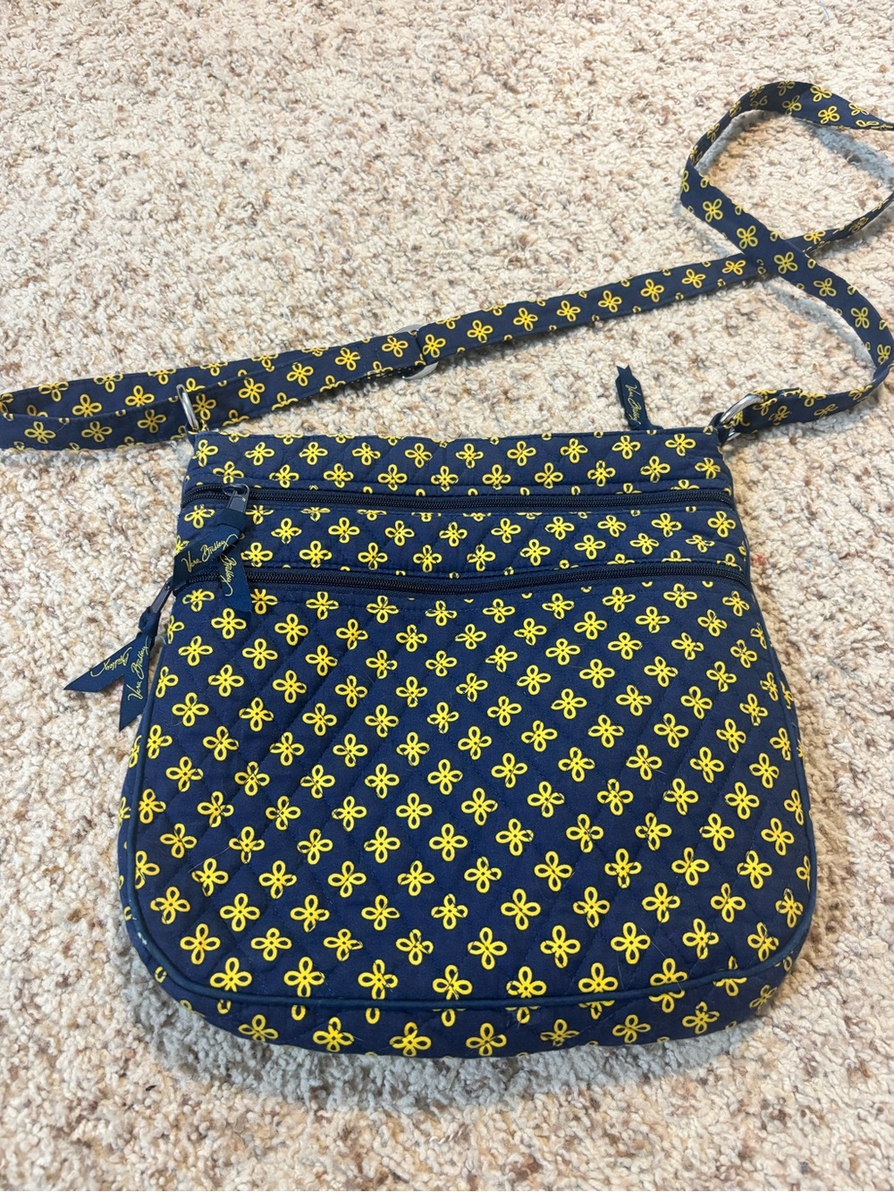 Vera Bradley Triple Zip Hipster Navy Blue Yellow Floral Crossbody Bag Quilted